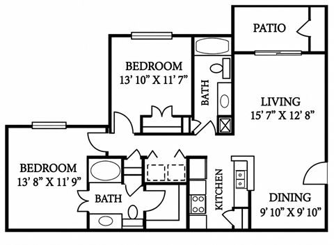 Floor plan for 2 beds, 2 baths, 1002 sqft